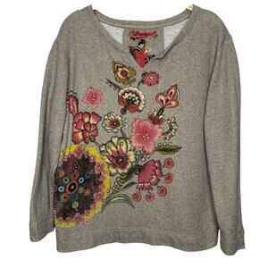 Desigual Long Sleeve Sweatshirt Women Size Large Gold Metallic Floral Artsy Cute